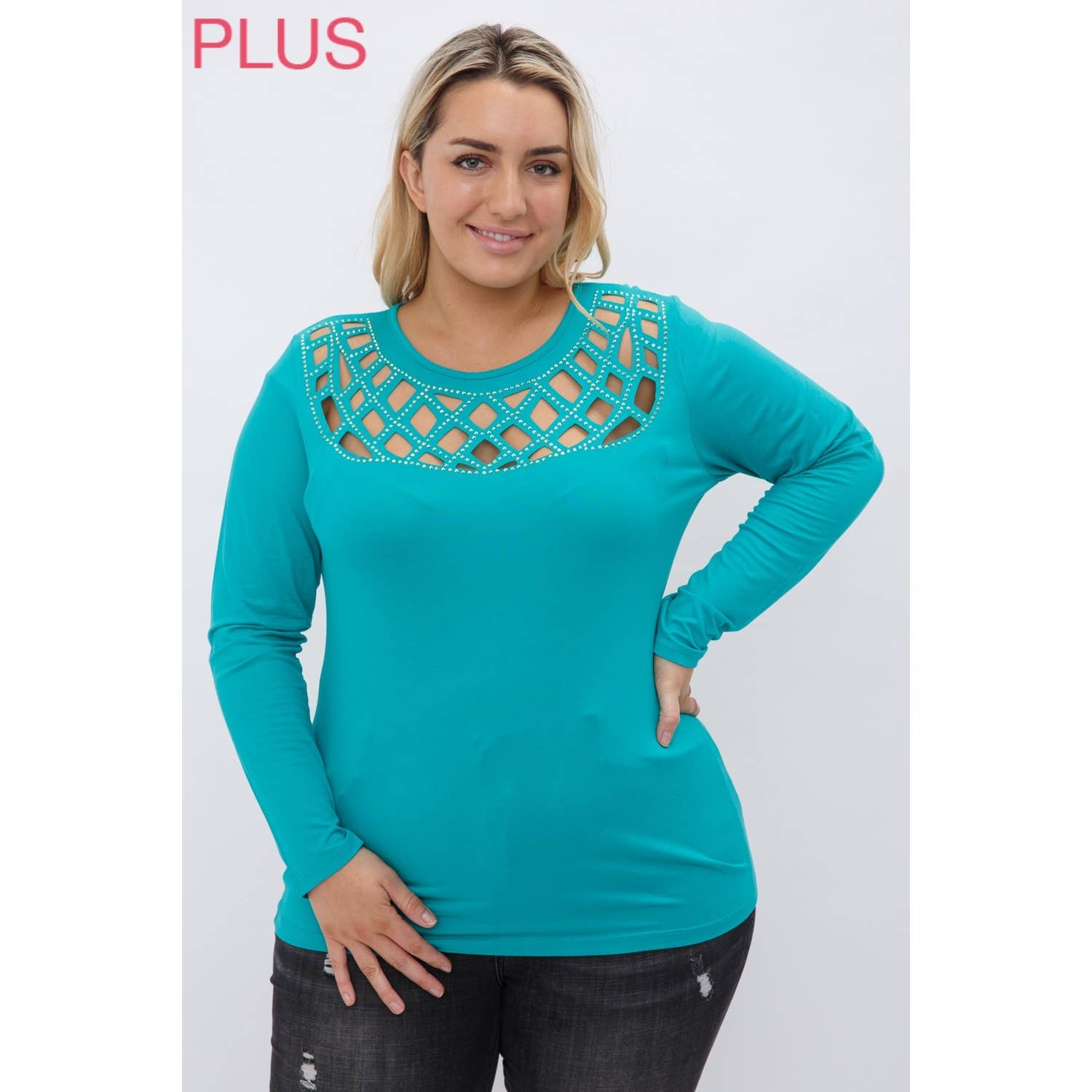 VOCAL - Wholesale Knit Top - Women's - CURVY LASER CUT LONG SLEEVE TOP WITH STONES5