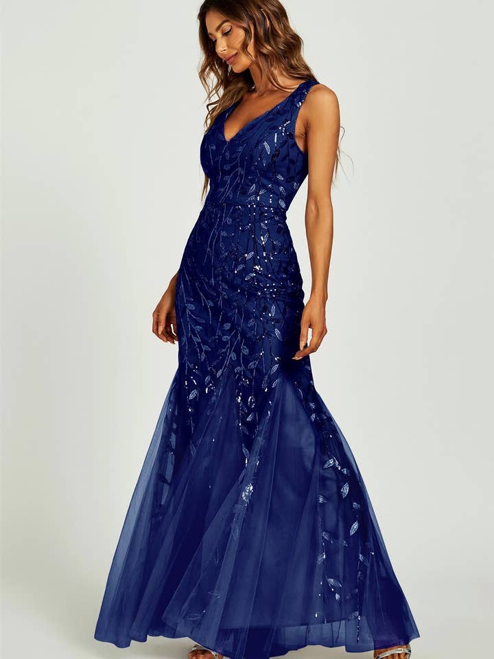 Blaues Brautjungfern-Brautjungfer-Maxikleid mit Paillettendetail und V-Ausschnitt für den Großhandel von FS Collection