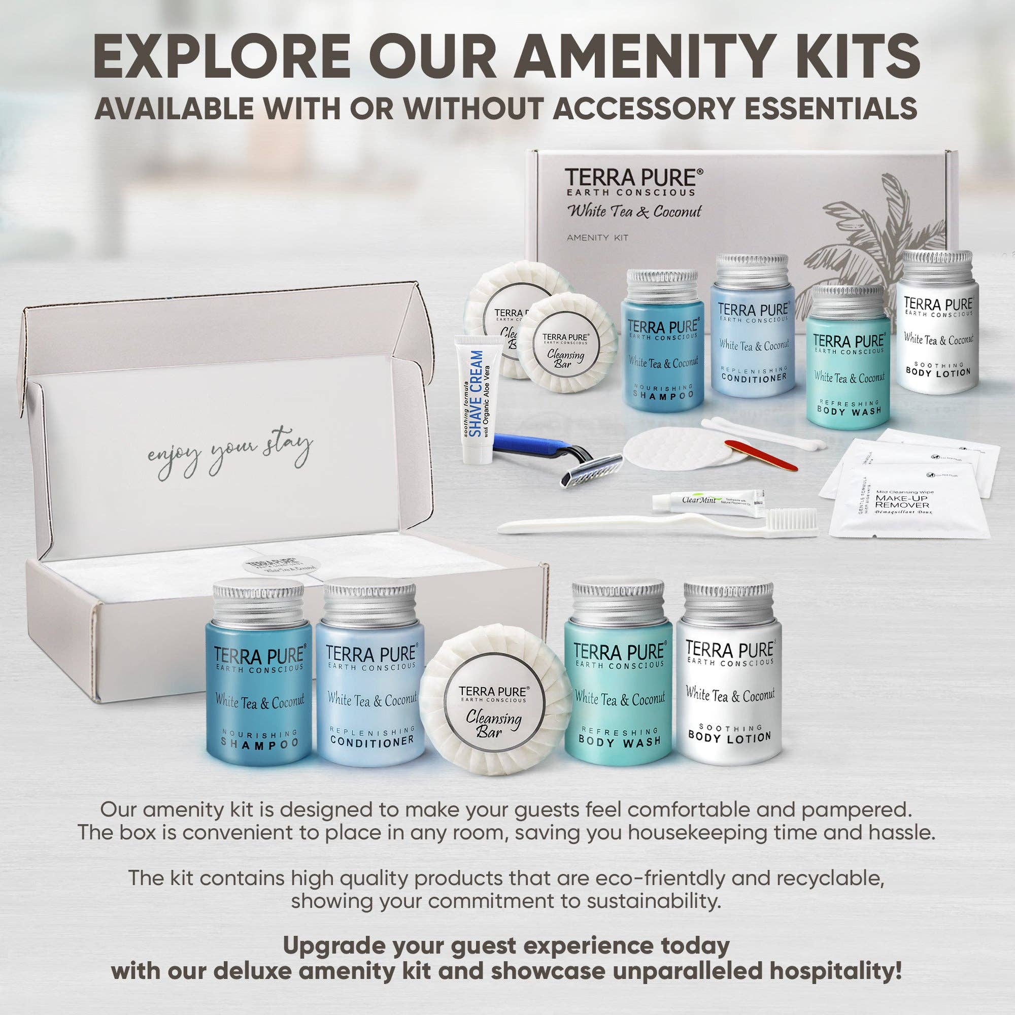 Diversified Hospitality Solutions - Wholesale Bath & Body Set - Terra Pure White Tea & Coconut Amenity & Accessory Kit |1oz Travel Size Shampoo, Conditioner, Lotion, Body Wash, 2 Cleansing Bars, Shave & Dental Sets, Make-Up Remover Wipes, & Vanity Kit | 15 Boxes4