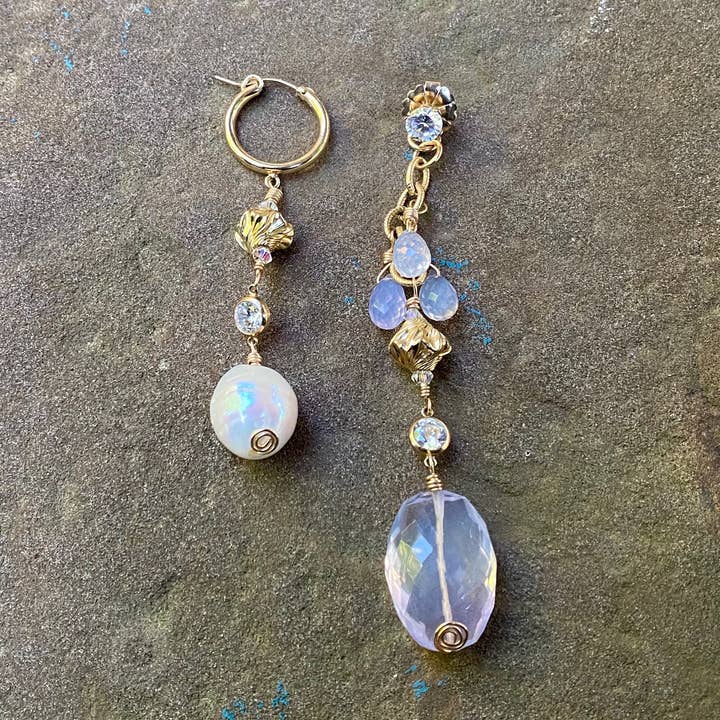 Scorolite and Pearl Mismatched Earrings for wholesale by Beshea Beshea