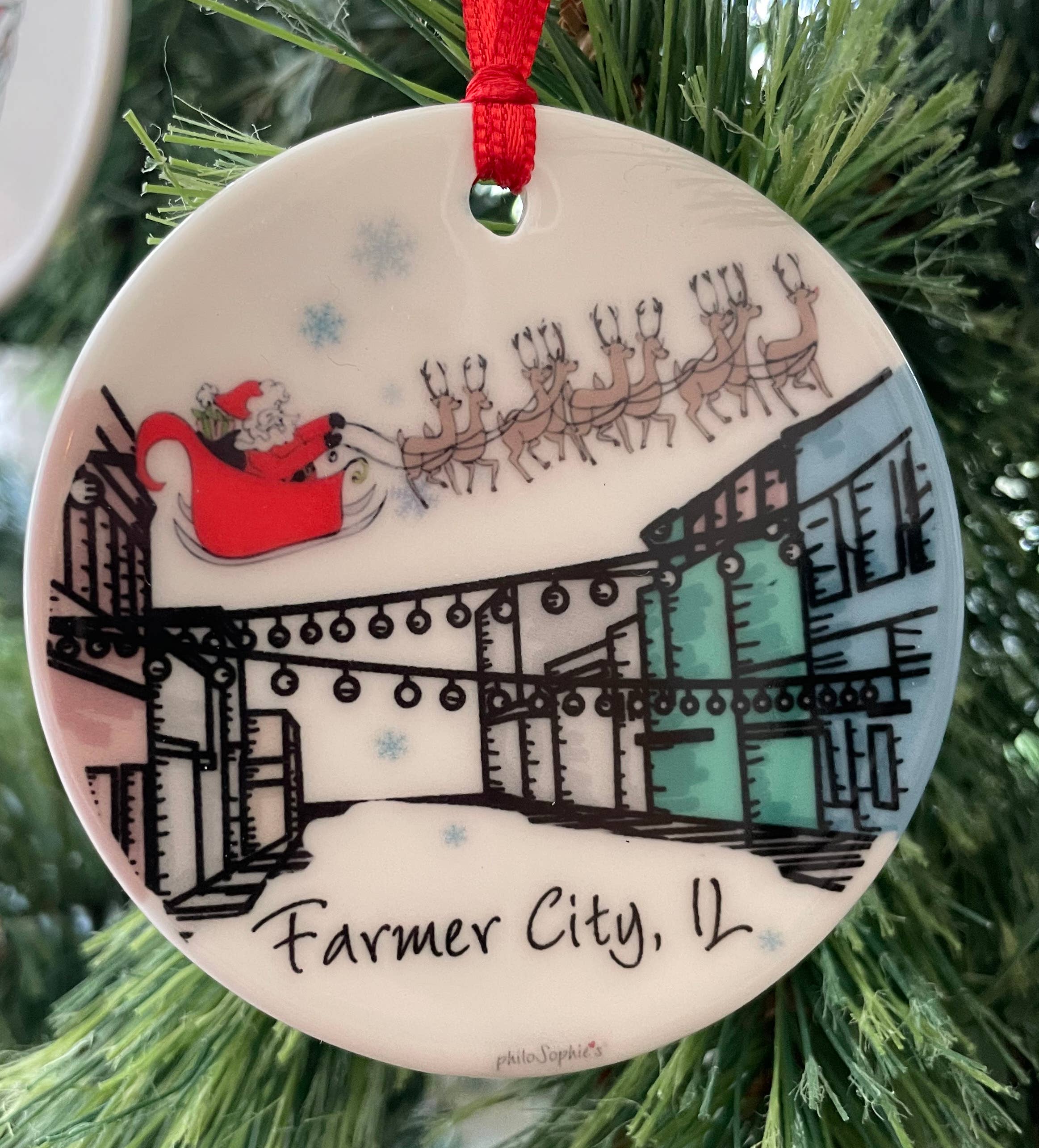 philoSophie's Stationery & Gifts - Wholesale Ornament - Santa in Sleigh over the City Christmas Ornament, Town Scene0