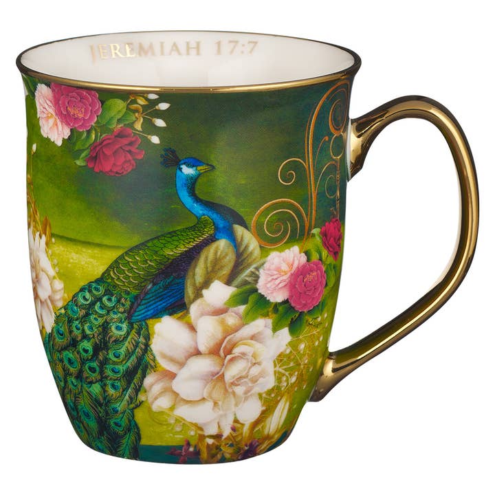 Christian Art Gifts - Wholesale Coffee Mug - Mug Blue/White Peacock Blessed Jer. 17:7