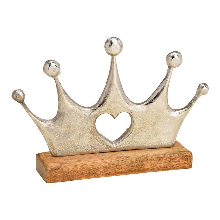 Aufsteller Krone auf Mangoholz Sockel aus Metall Silber (B/H/T) 23x16x5cm für den Großhandel von Wurm