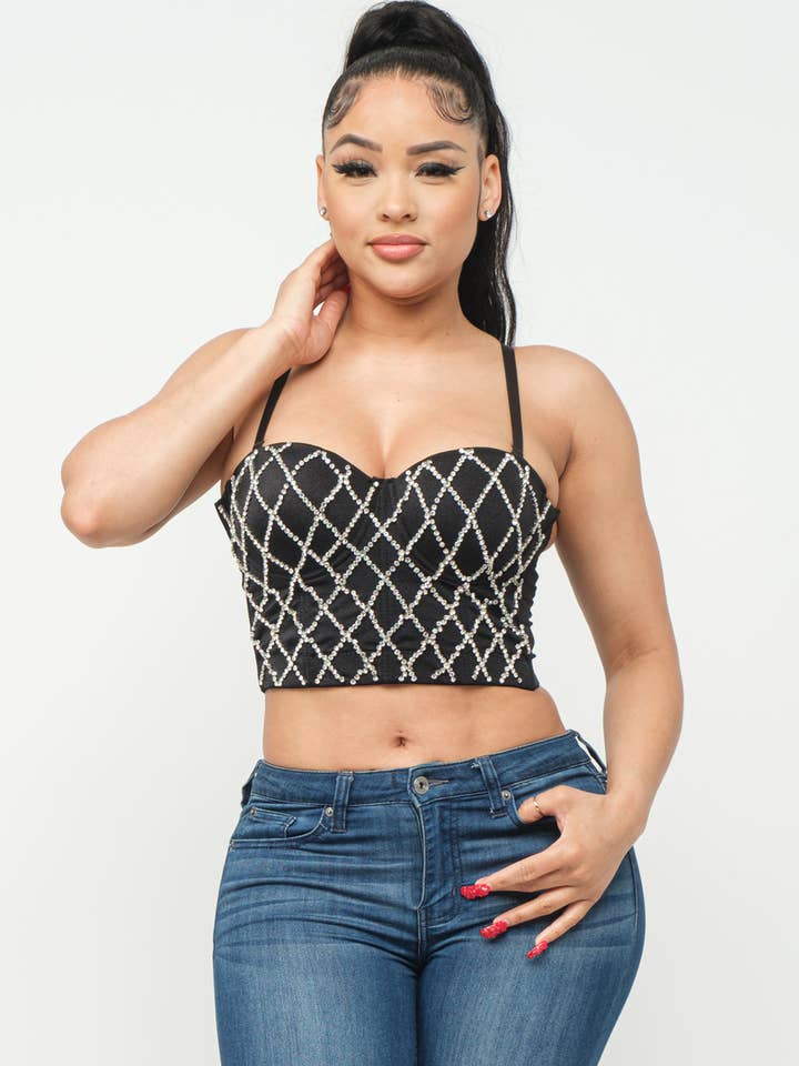 Julia by LoveJ - Venta al por mayor Bustier - Mujer - Top de sujetador sexy bustier con corsé de piedra con patrón de diamante delantero