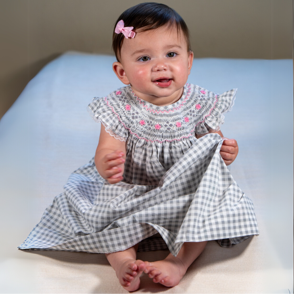 Hello Bebes! - Wholesale Dress - Kids - Gray & White Checked Geo Smocked Angel Sleeve Bishop Dress1