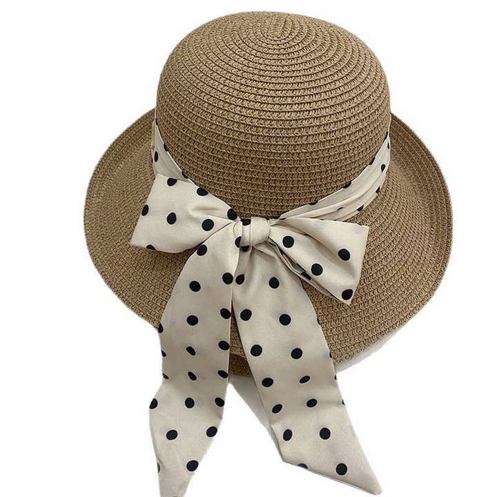 ACCITY - Wholesale Straw Hat - Women's - Women's Retro Polka Dot Bow Sun Hat_CWAH3498