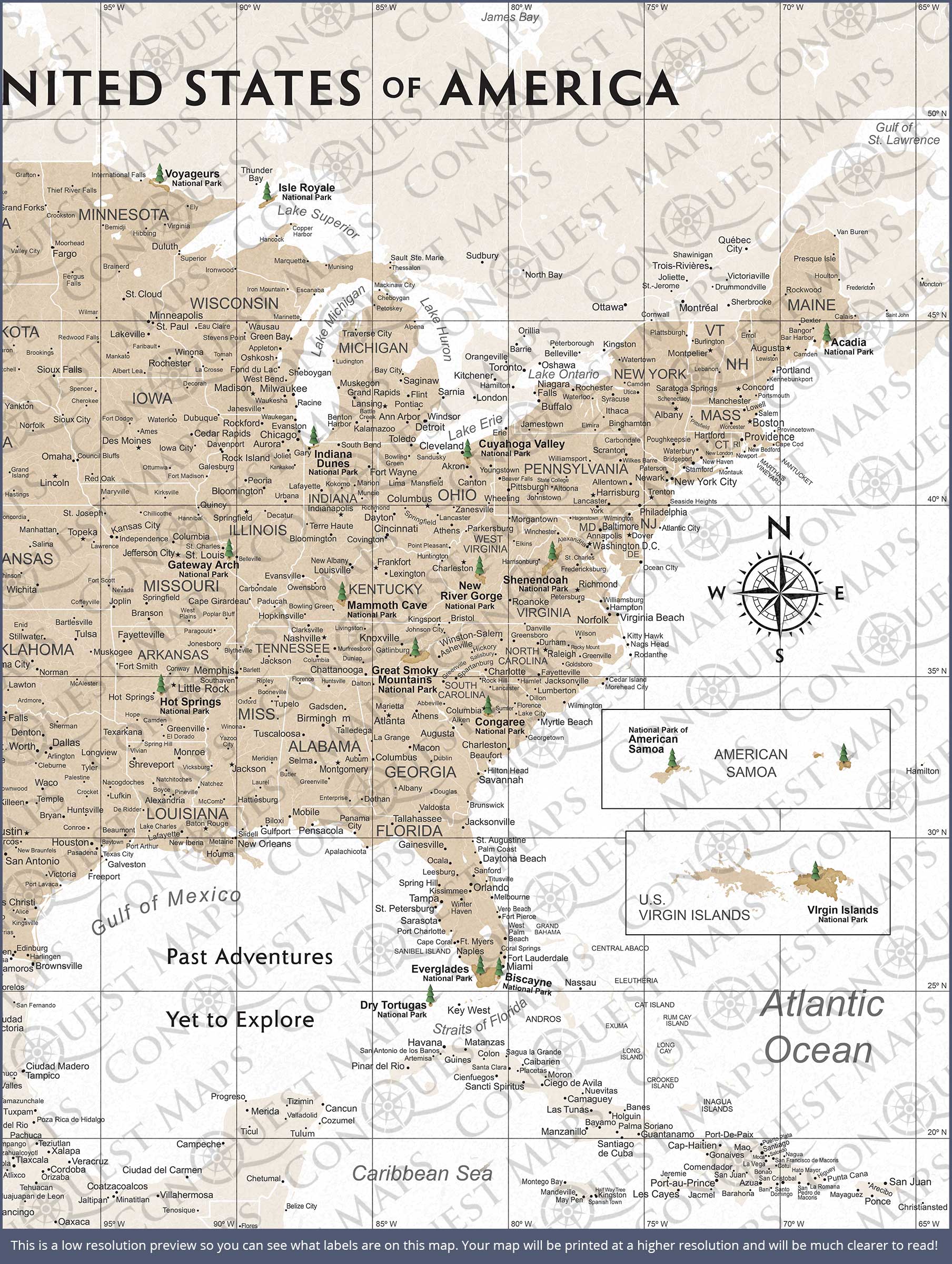 Conquest Maps - Wholesale Map - Push Pin National Parks Map - Light Brown Color Splash - Pins Included!16