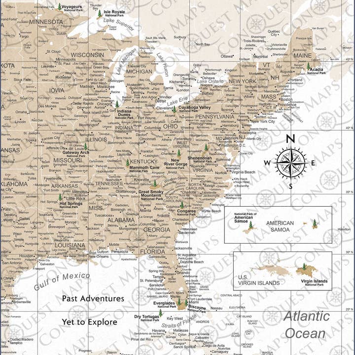 Conquest Maps - Wholesale Map - Push Pin National Parks Map - Light Brown Color Splash - Pins Included!16