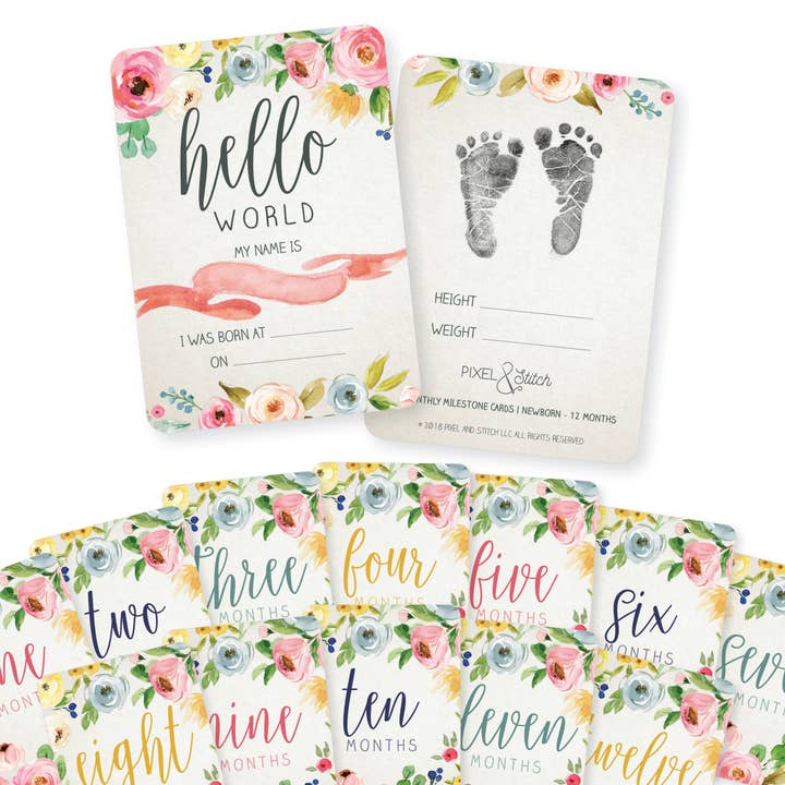 Watercolor Floral Monthly Milestone Cards for wholesale by Midwestmod | Pixel + Stitch