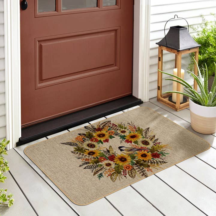 Feather Wreath Indoor/Outdoor Linen Look Floor Mat for wholesale by Conimar Promotions