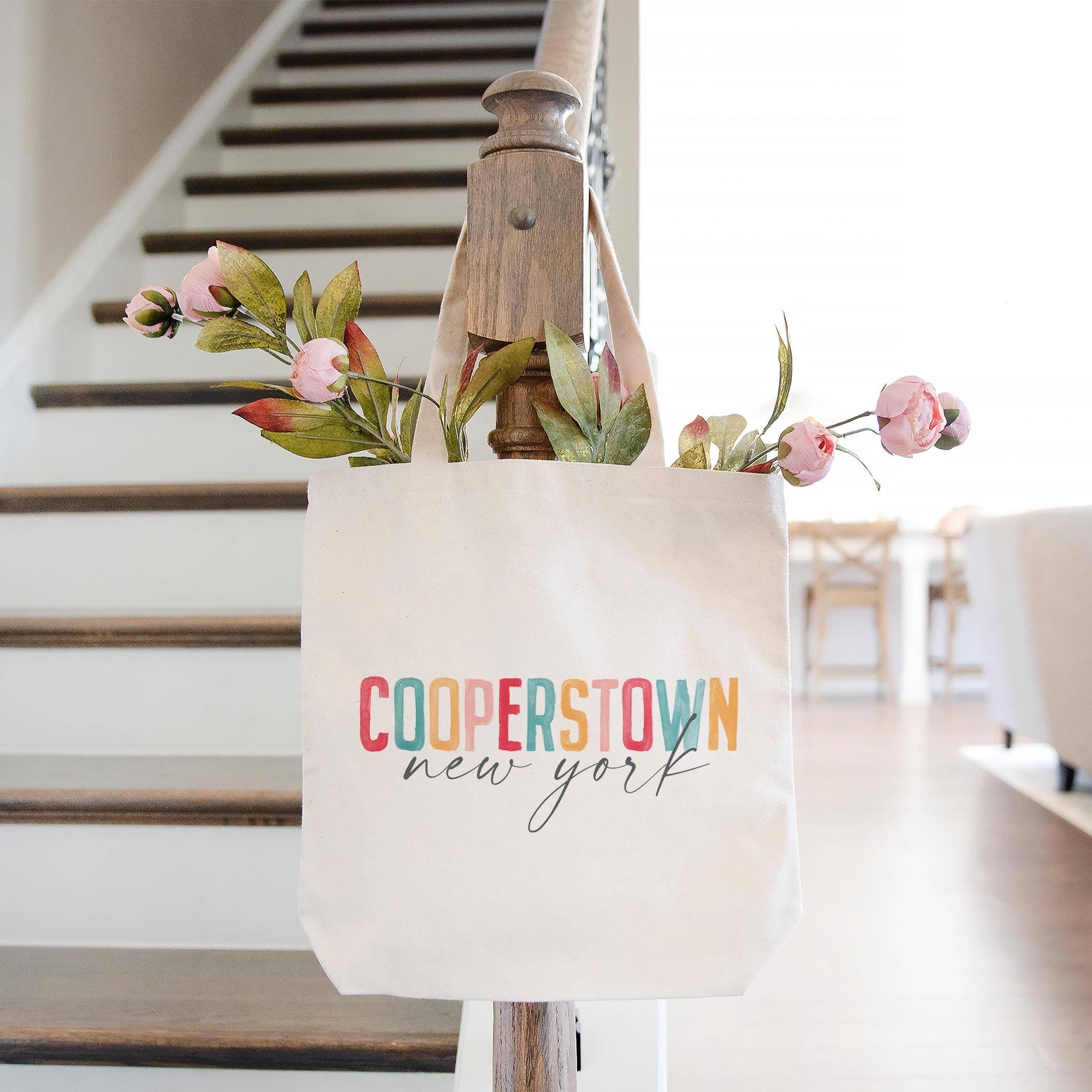 Tote Bag Natural Canvas-Watercolor City Cooperstown New York for wholesale on Faire1