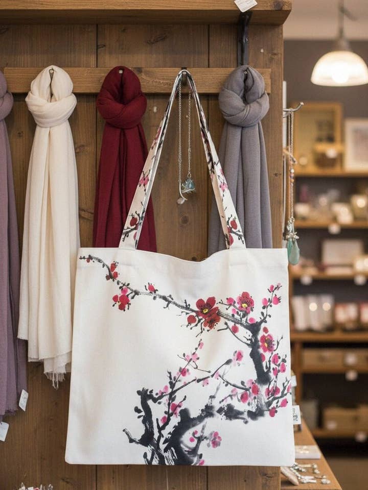 JCFB0001 Art-Inspired Luxe Tote Bag--Red/Black Cherry Blossom for wholesale by JC Sunny Fashion