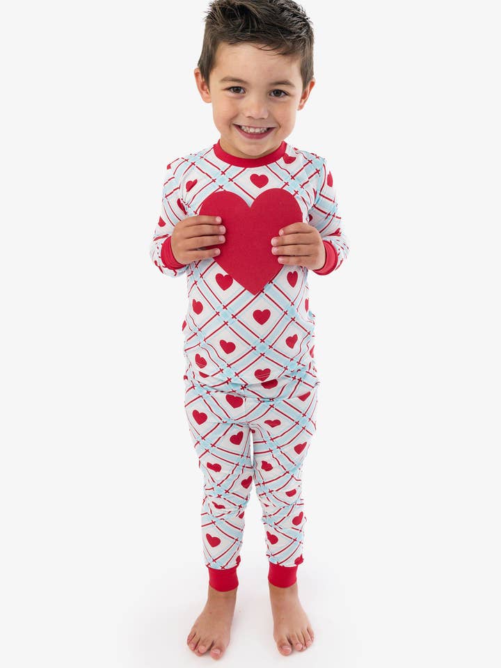Conjunto de Pijama de Manga Comprida em Algodão Modal Azul Coração Doce Xadrez SoftSnooze™ para Crianças por atacado de RuffleButts + RuggedButts