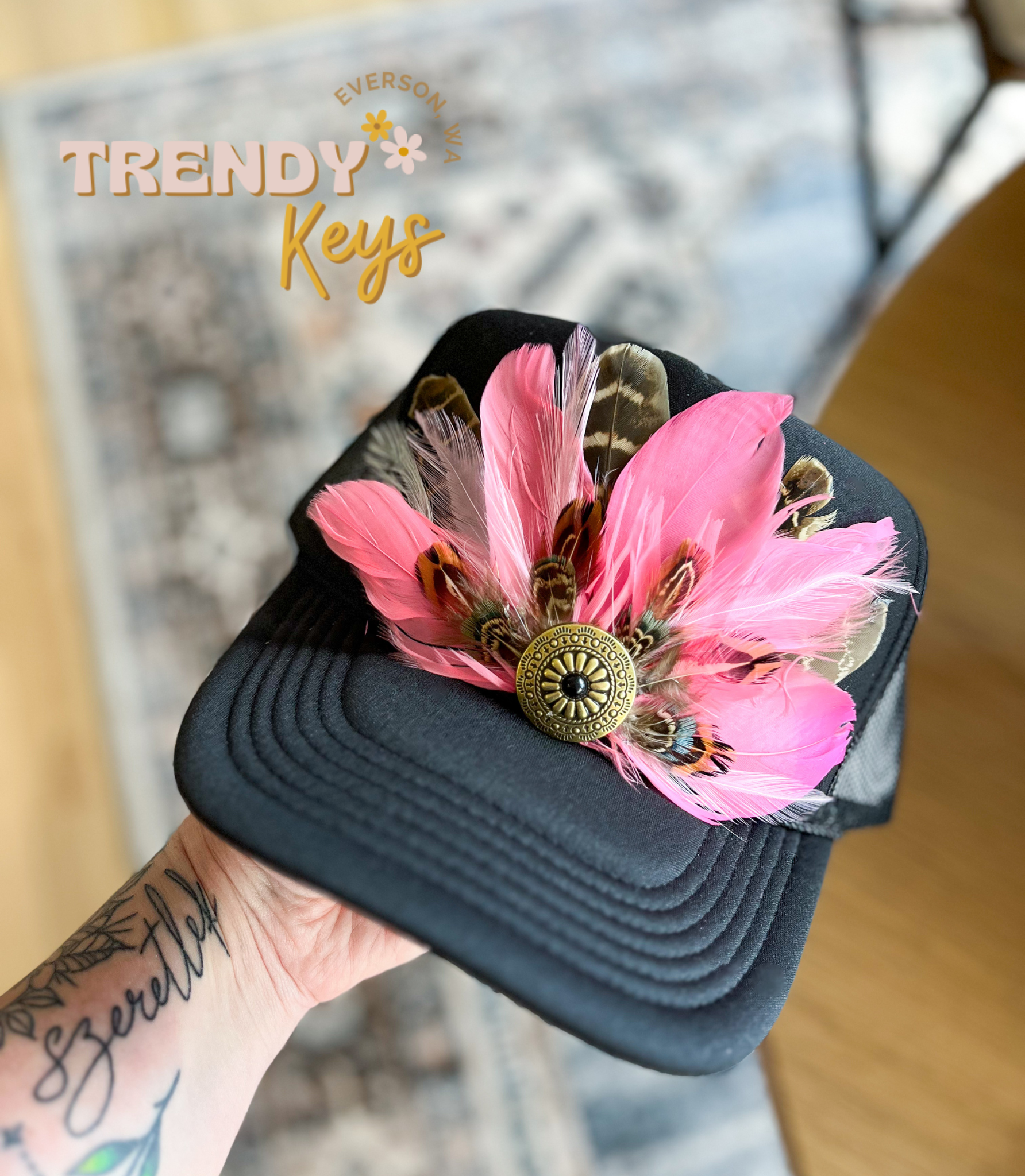 TrendyKeys – wholesale Trucker hat – Women’s – Feather Trucker Hat, Handmade, Unique, One of a Kind7