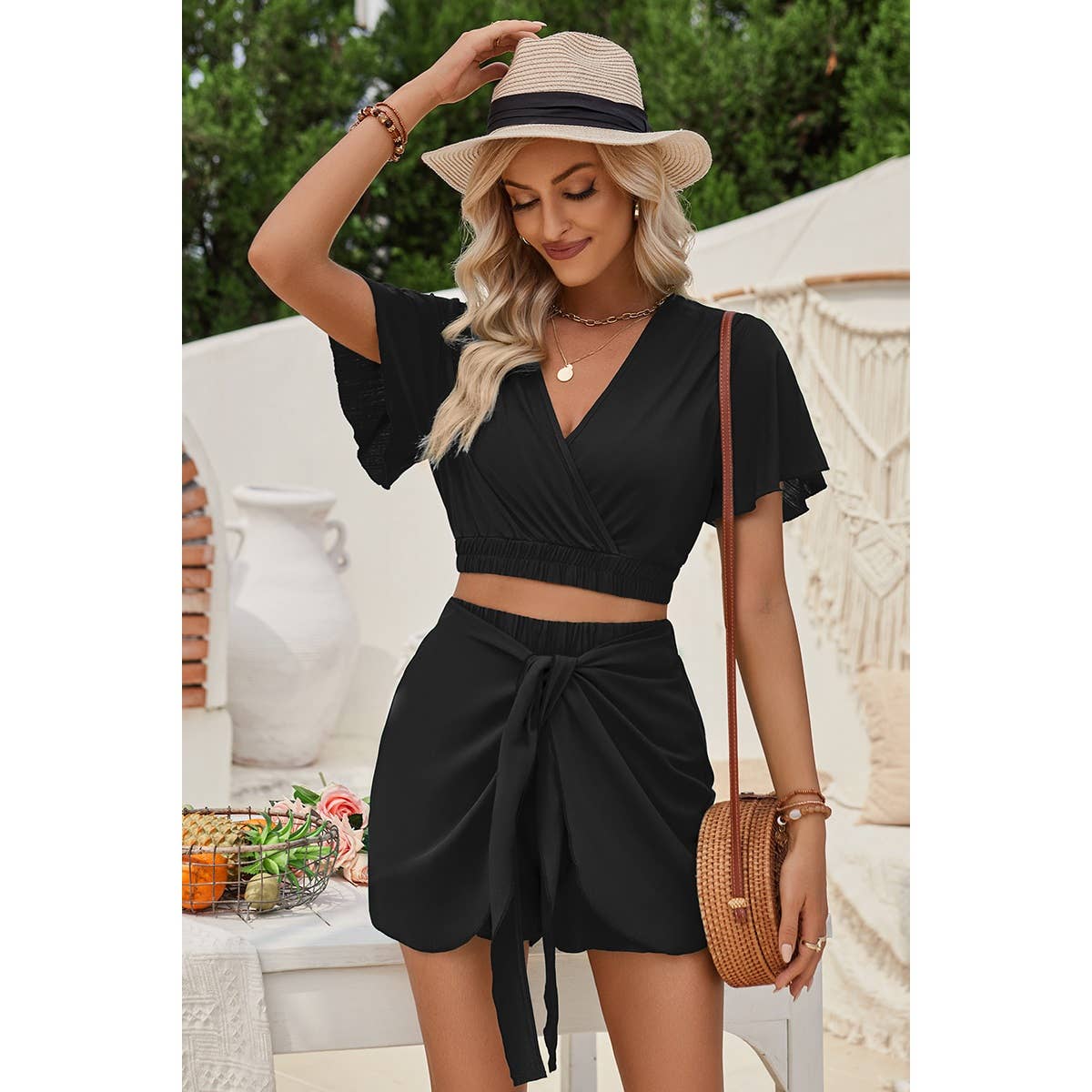 BLACK Two Pieces V Neck Ruffle Crop Shirt And Wrap Sets for wholesale on Faire