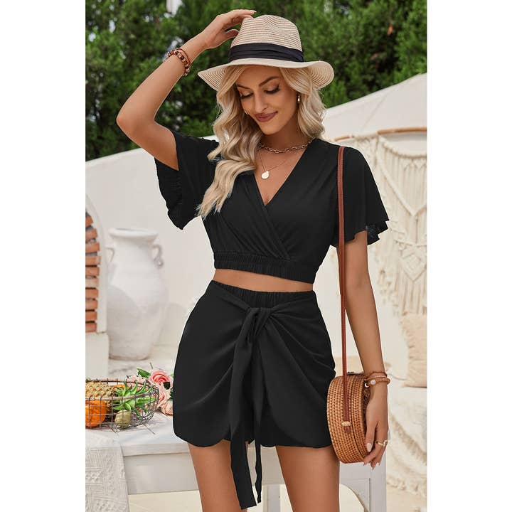Two Pieces V Neck Ruffle Crop Shirt And Wrap Sets for wholesale by Supreme Fashion