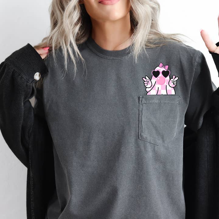 Cute Pink Bubblegum Ghost, Pocket, Halloween, Peace, Tee for wholesale by Refinery Number One LLC