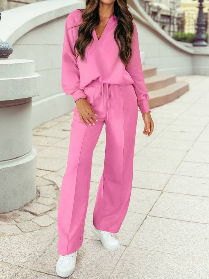 Polo Collar V Neck Pullover and Drawstring Sweatpants Set for wholesale by 1 the Woman