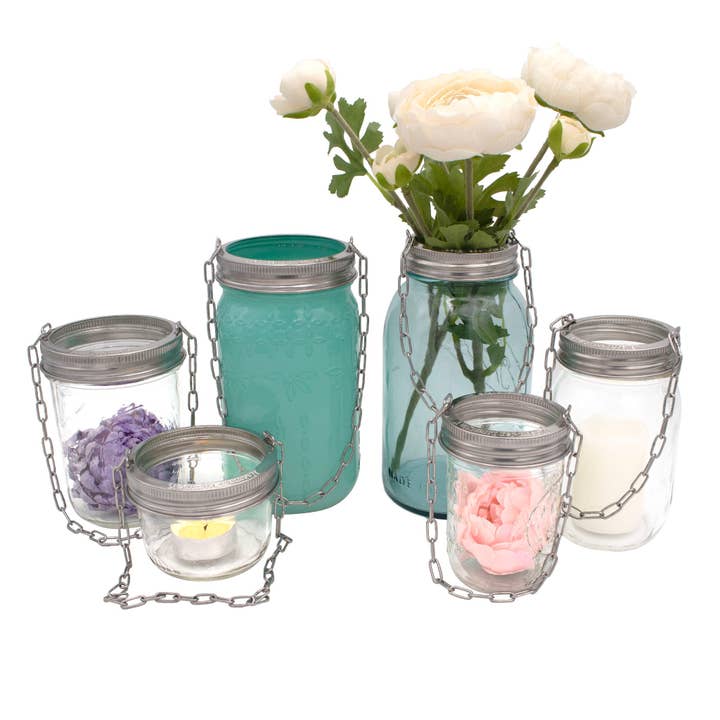 Mason Jar Lifestyle - Wholesale Decorative Tabletop Object - Stainless Steel Band with Chain Handle for Mason Jars 6 Pack