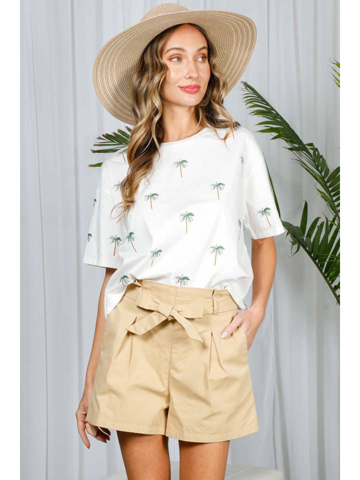 Off White Palm Tree Embroidered 100% Cotton T-Shirt Top VT82318A for wholesale on Faire7