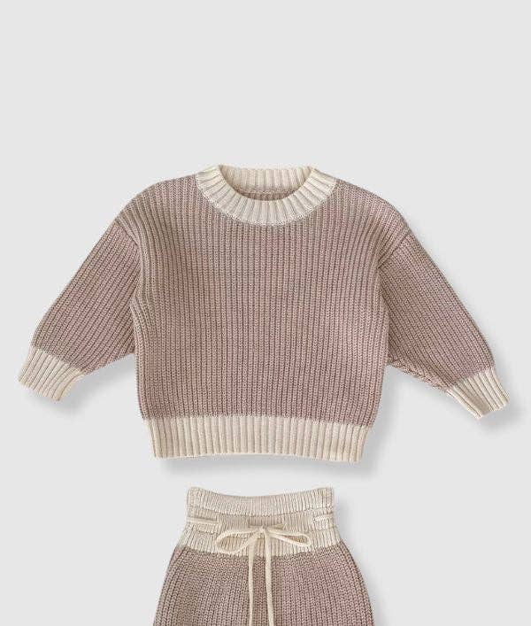 Bleu & Co - Wholesale Top & Pant Set - Kids - 100% Cotton Knit Jogger Set - Taupe/Cream