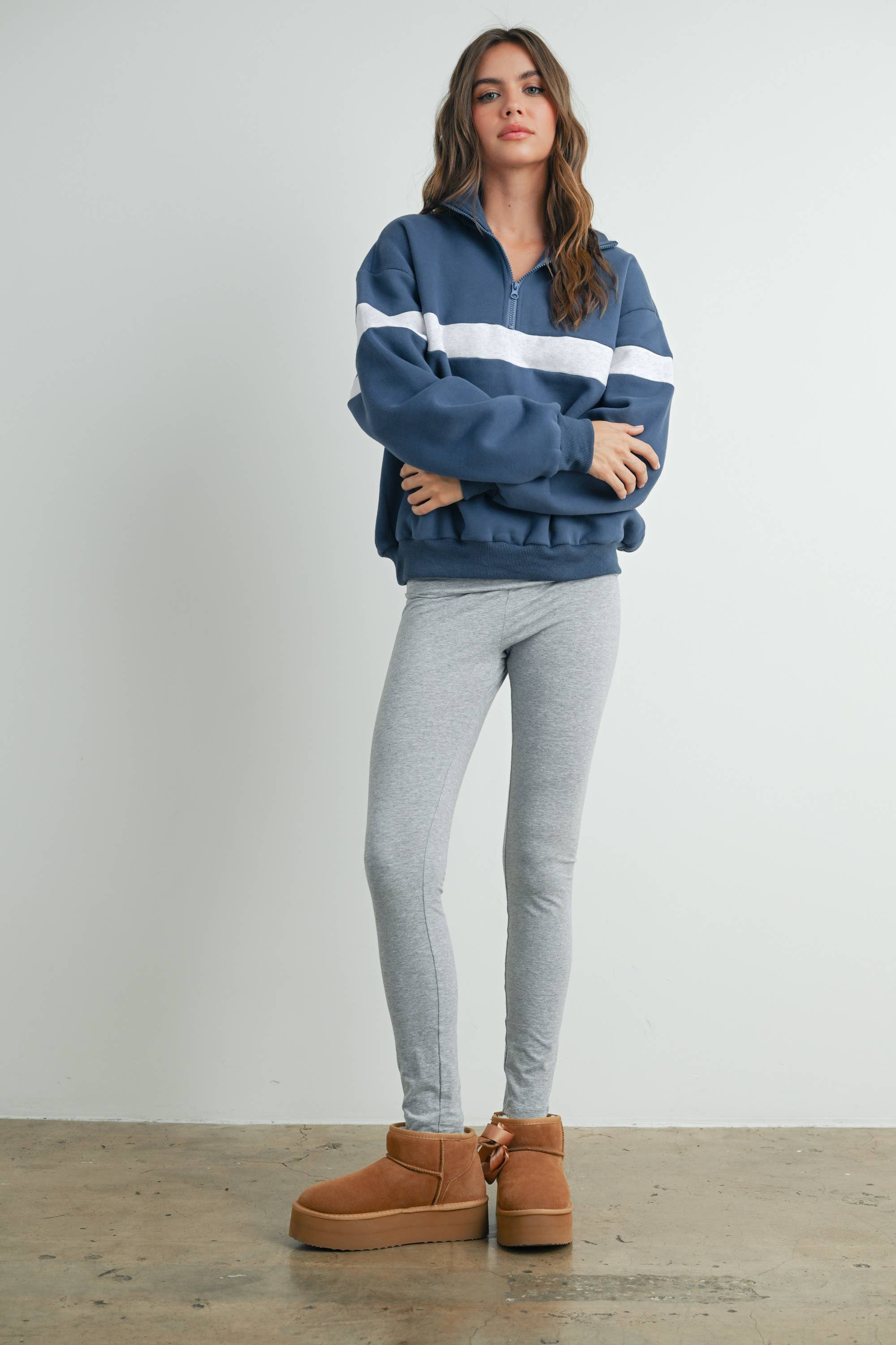 BUTTERMELON - Wholesale Sweatshirt - Women's - Two-Toned Half Zip Collar Sweatshirt - BMT753546