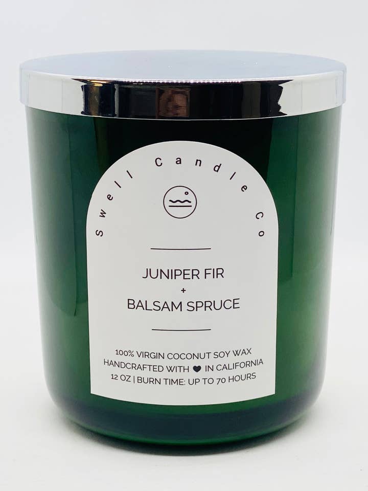 Juniper Fir + Balsam Spruce Coconut Soy Candle with Wooden Wick for wholesale by Swell Candle Co