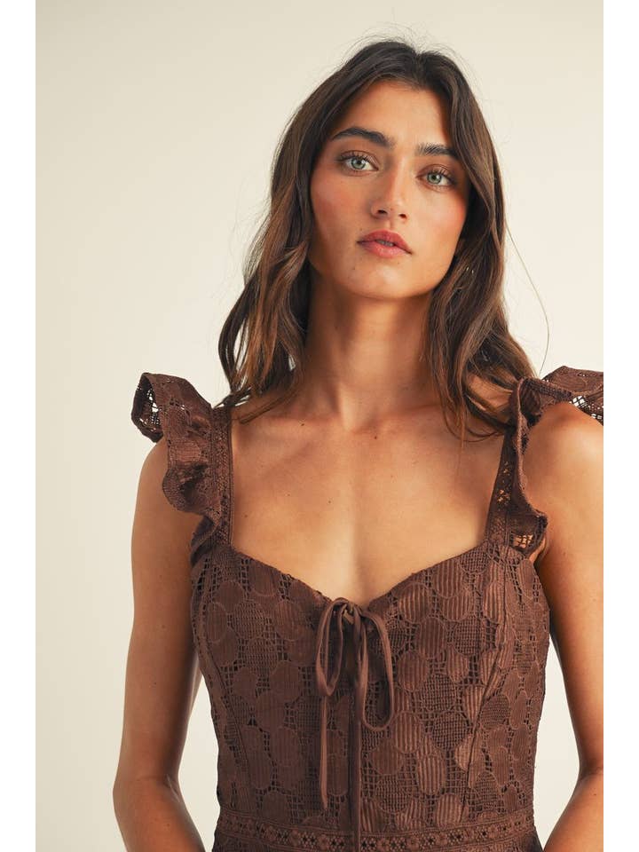 JUST ME - Wholesale Dress - Women's - NOVELTY LACE RUFFLE BOTTOM MIDI DRESS4