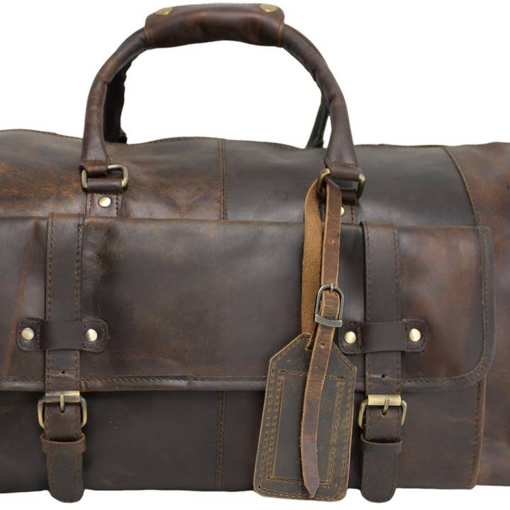 hide & chic - Wholesale Weekender bag – Unisex - Quality Full Grain Genuine Leather Travel Bag with Adjustable Shoulder Strap. FREE Leather Apple Air-tag Holder.27