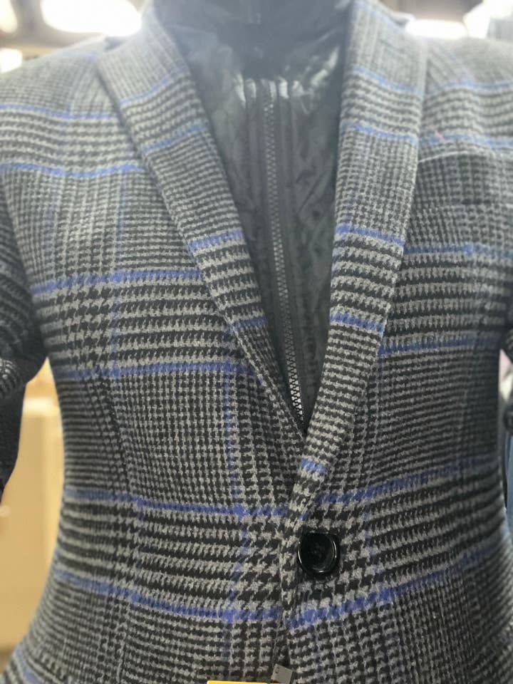 Mens Houndstooth Charcoal Grey With Blue Pattern Plaid Blazer - Windowpane Sport Coat for wholesale by Alberto Nardoni