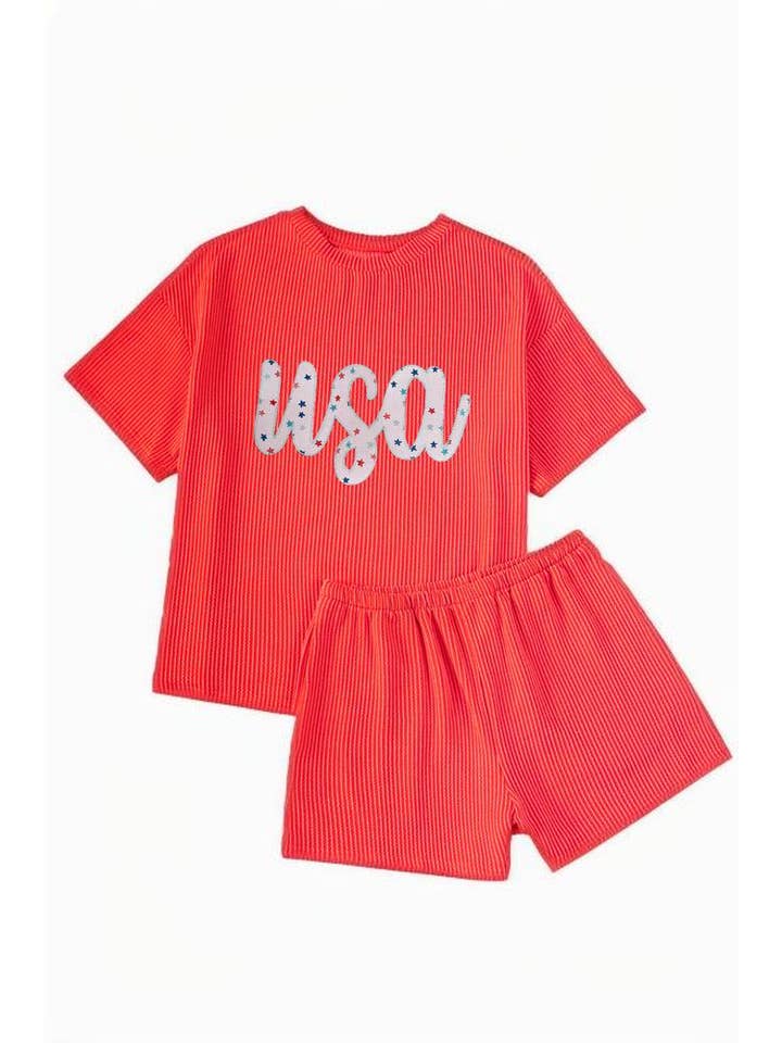 Orange Star USA Embroidered Corded T Shirt and Shorts Set for wholesale on Faire