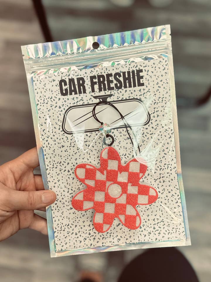 Checkered Flower (Coral) || Car Freshie for wholesale by Rustic Wagon Wholesale