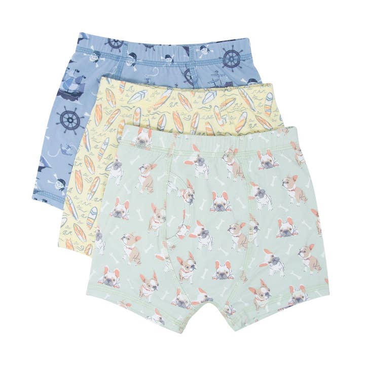 Lot de 3 slips pour garçon - Pirates Ahoy/Frenchie Fun/Sunset Surf pour la vente par Sweet Bamboo