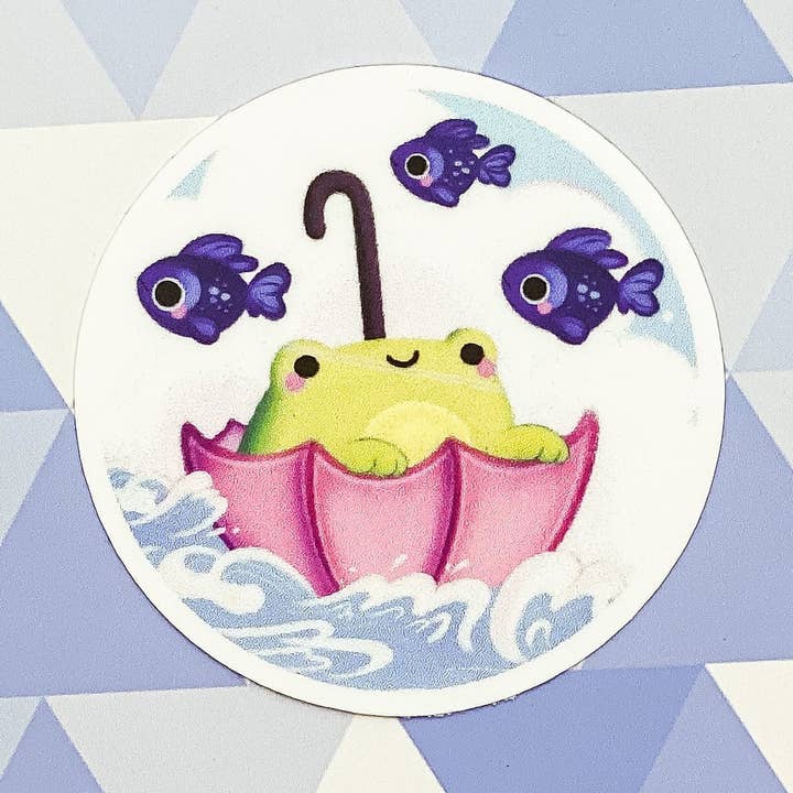 Cute Froggy in an Umbrella Under Fish | Circular Vinyl Waterproof Single Sticker for wholesale by Picnocline