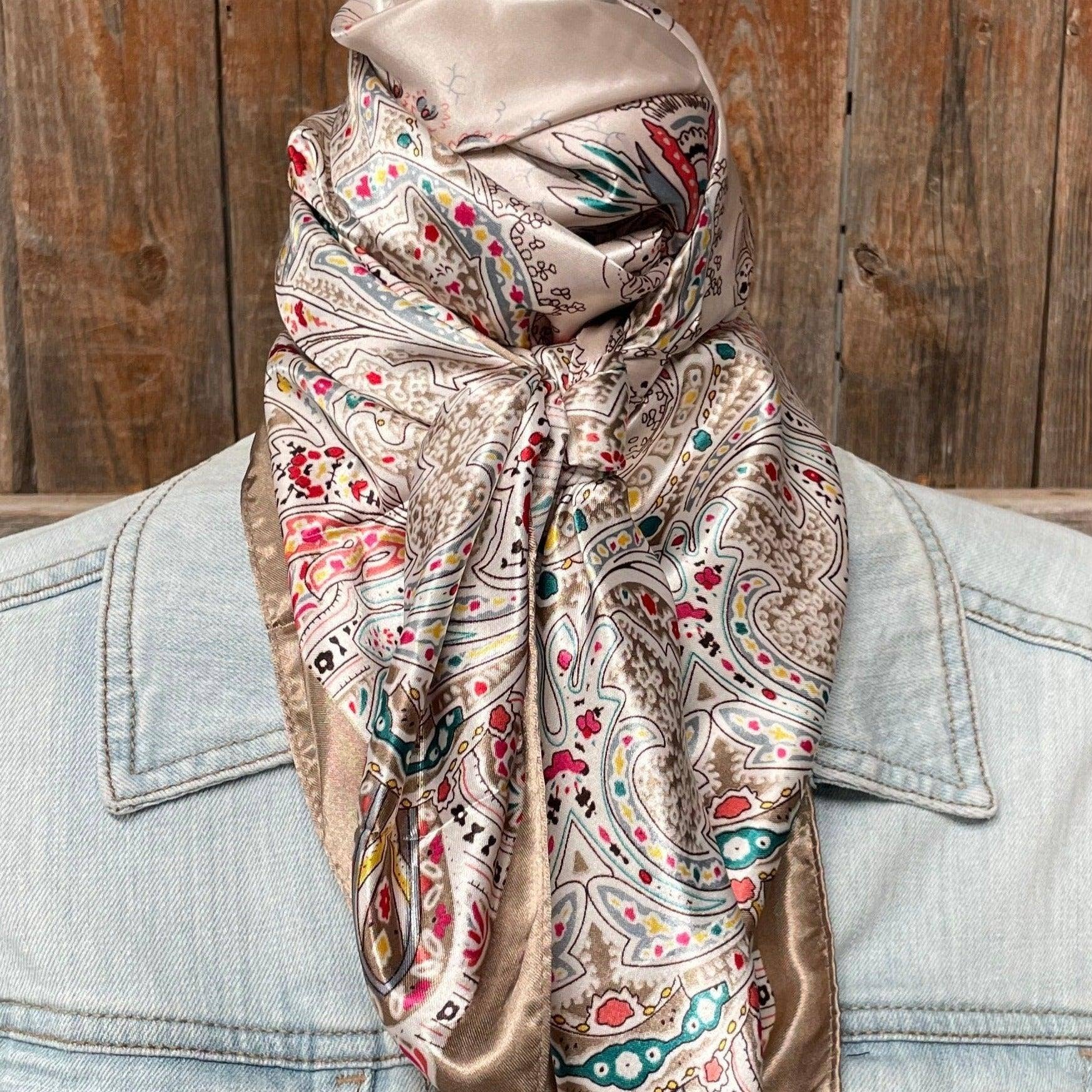 Rodeo Drive - Wholesale Scarf - Unisex - 35X35"  Tan Floral Wild Rag/Scarf WR34212