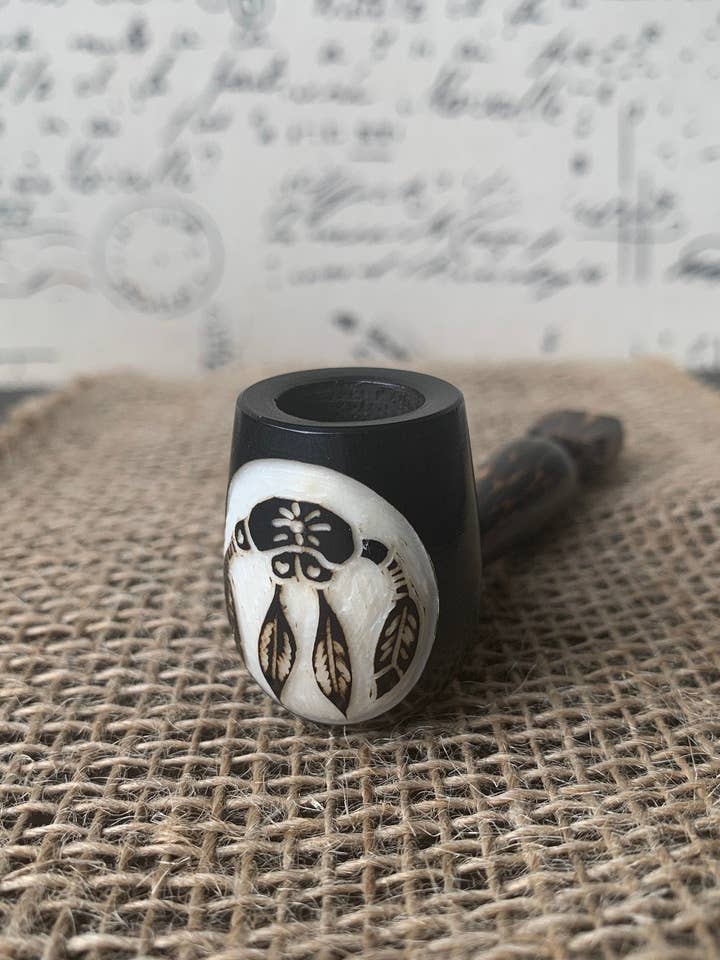 Dream catcher smoking pipe Handcrafted smoking bowl Handmade tagua nut and wood One of a kind tribal hand pipe Ceremonial shaman ritual for wholesale by Galapagos Tagua