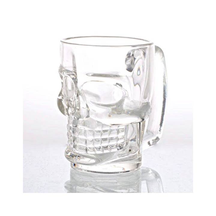 Glass Skull Head Shaped Tankard for wholesale by Crystal Magick Wholesale Ltd