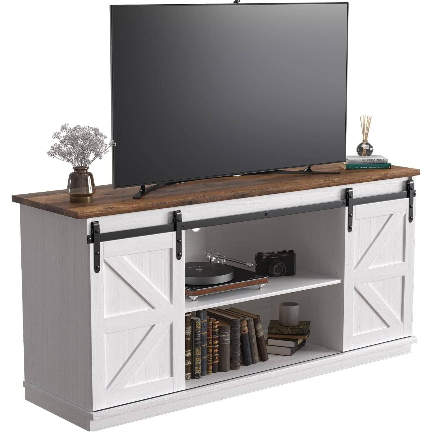 Bright White 65 Inch Farmhouse TV Stand With Sliding Barn Doors for wholesale on Faire8