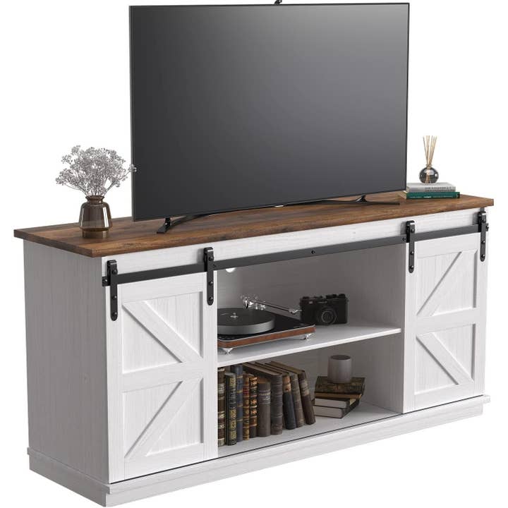 Bright White 65 Inch Farmhouse TV Stand With Sliding Barn Doors for wholesale on Faire8