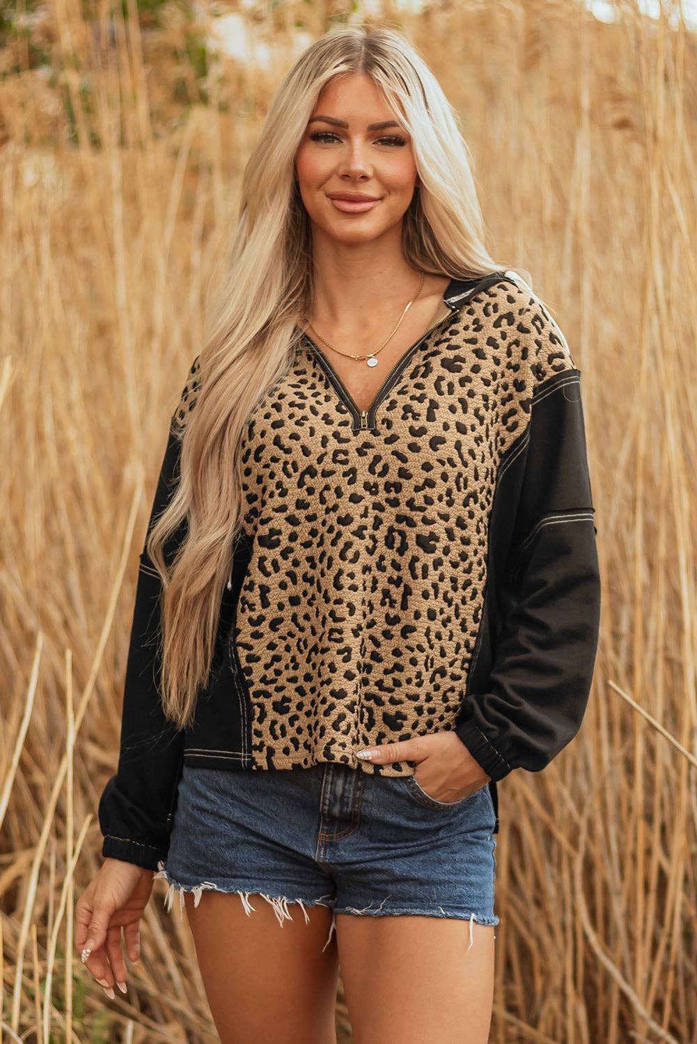 Brown Leopard Patchwork Contrast Stitching Knotted Cuff Quarter Zip Hoodie for wholesale on Faire