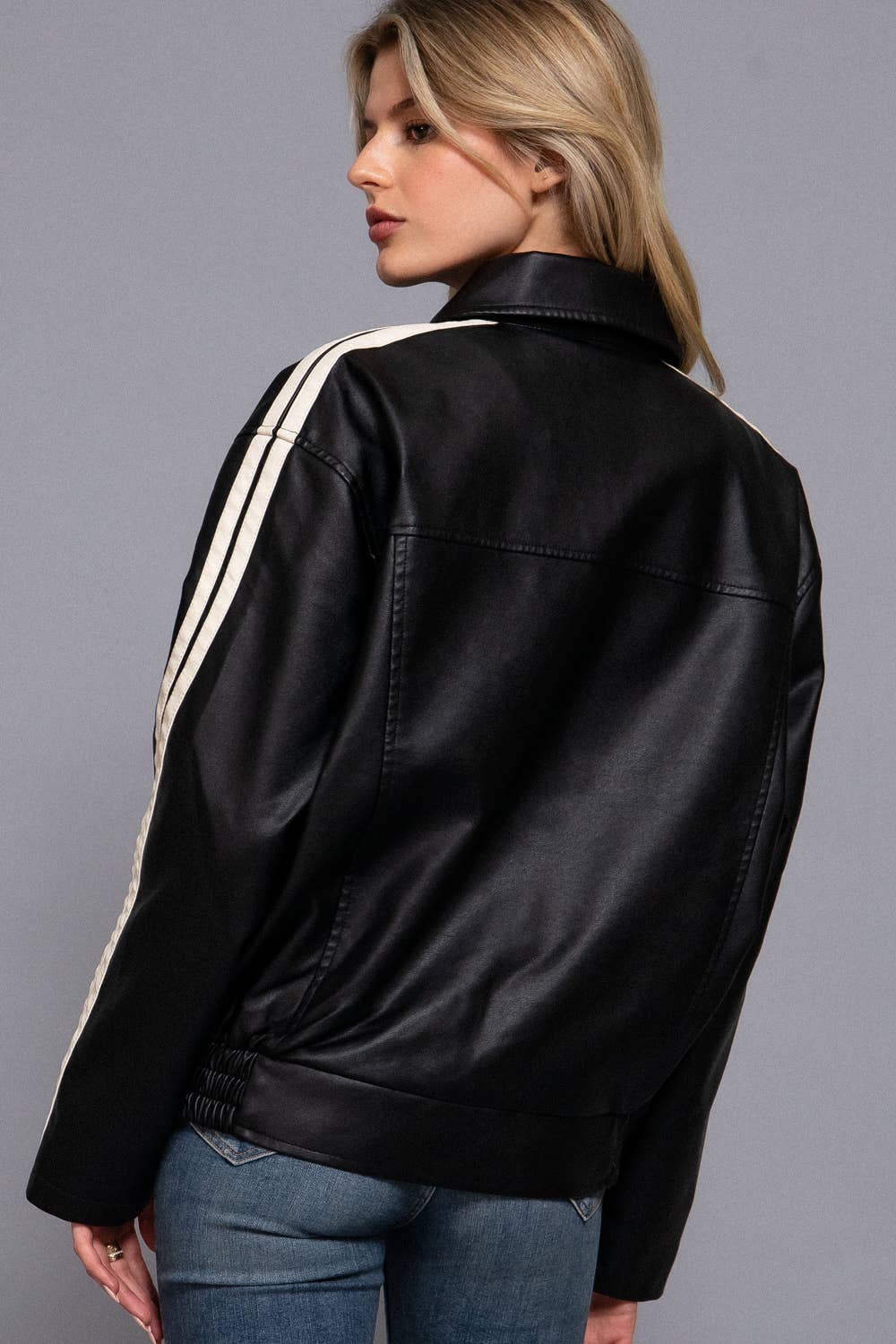 Active Basic | Active USA - Wholesale Leather Jacket - Women's - Long Sleeve Line Detail Faux Leather Jacket11