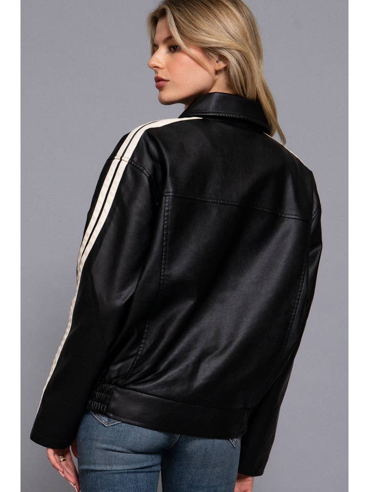 Active Basic | Active USA - Wholesale Leather Jacket - Women's - Long Sleeve Line Detail Faux Leather Jacket11
