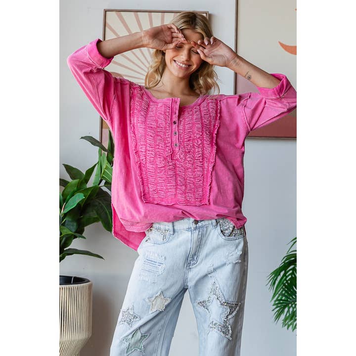 Oli&Hali - Wholesale Knit Top - Women's - SMOCKED FRONT HENLEY NECK OVERSIZED TOP