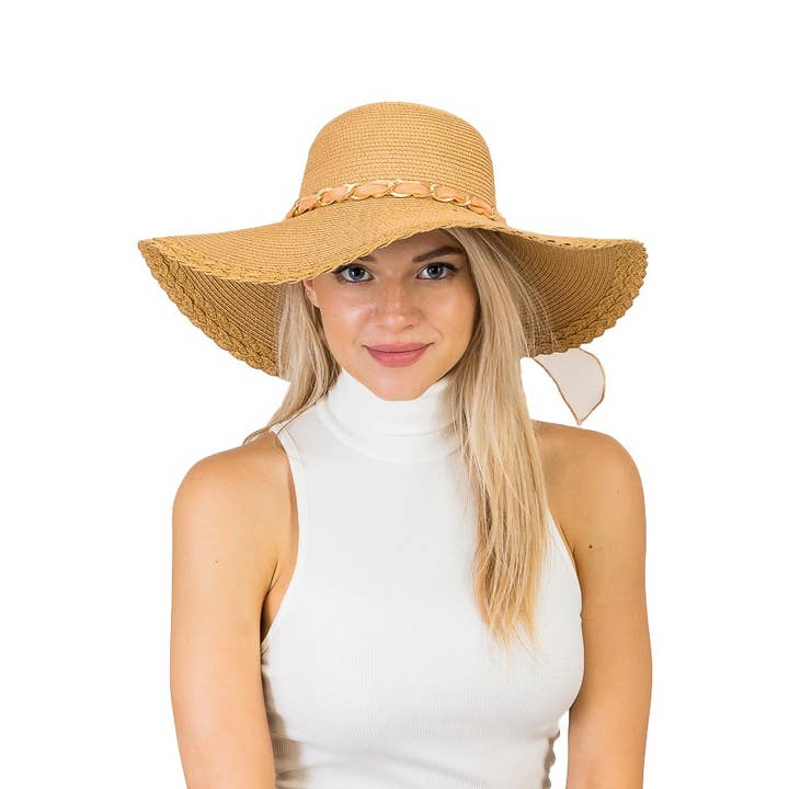 Cap Zone - Wholesale Straw Hat - Women's - Embellished Burlap Ribbon Decor Floppy Brim Toyo Straw Hat