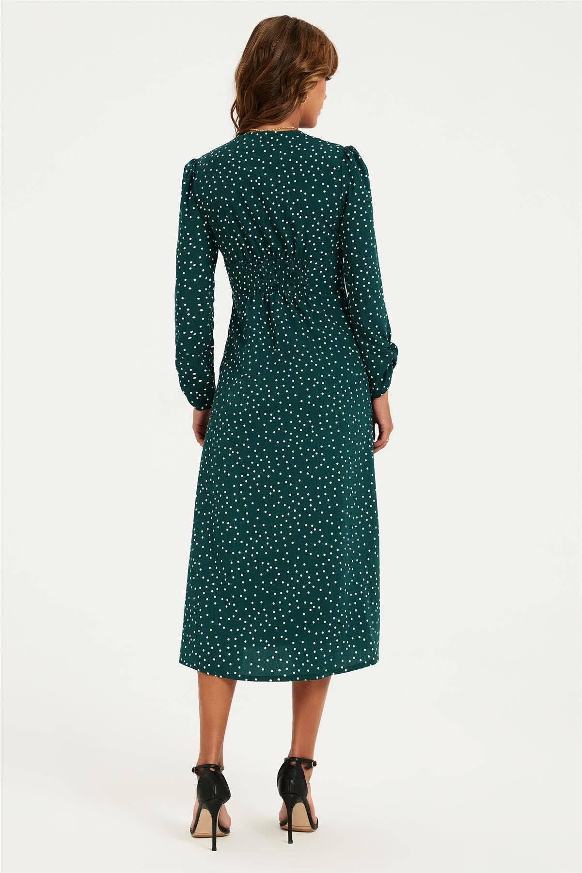 Dot Print Long Sleeve Button Front Midi Dress In Green for wholesale on Faire2