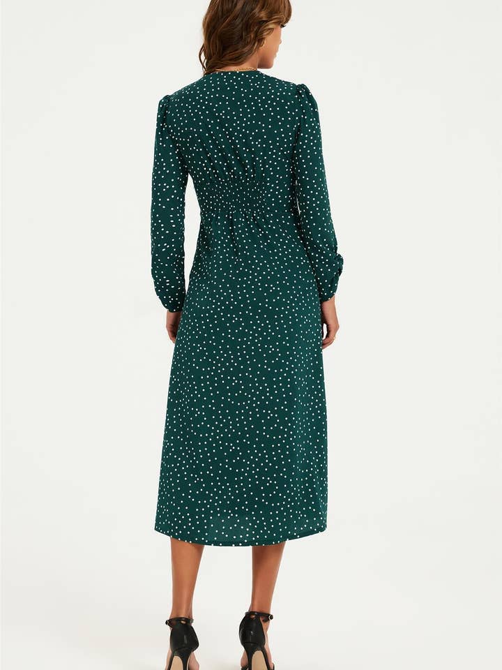 Dot Print Long Sleeve Button Front Midi Dress In Green for wholesale on Faire2