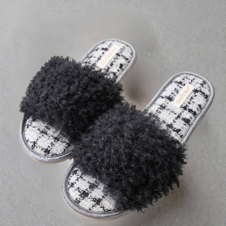 Curly Faux Fur Open-Toe Slippers with Tweed Footbed for wholesale by DrifWoo