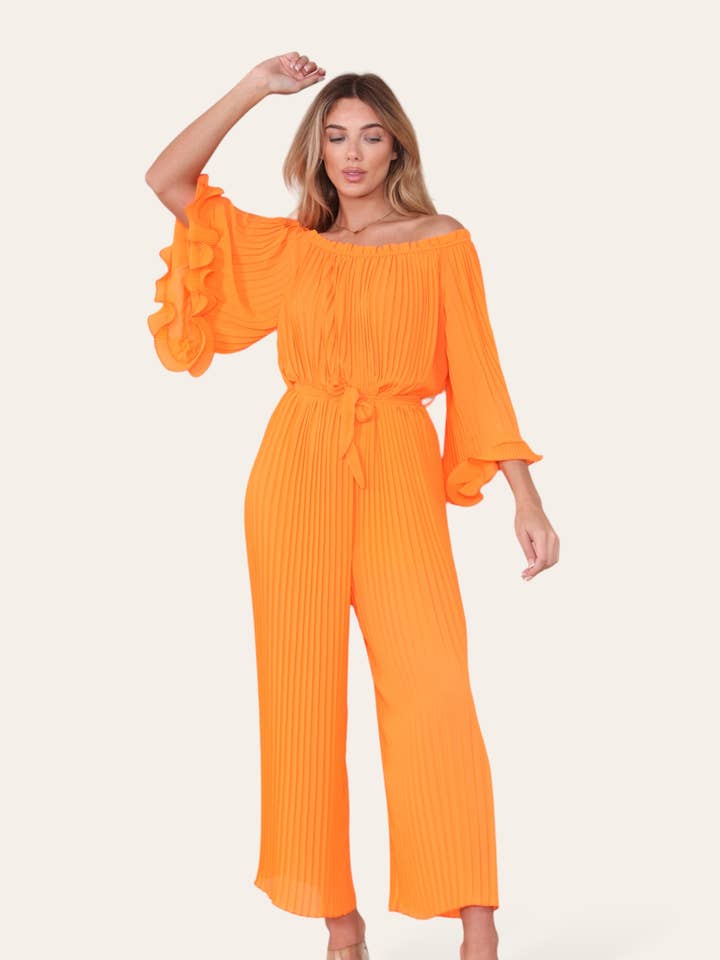 WHITE Sofia Bardot Pleated Frill Jumpsuit for wholesale on Faire1