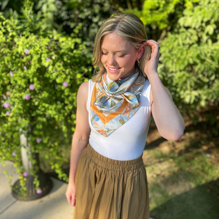 Dallis Foshee Art & Design, LLC - Wholesale Scarf - Women's - Light Blue + Apricot Botanical Scarf2