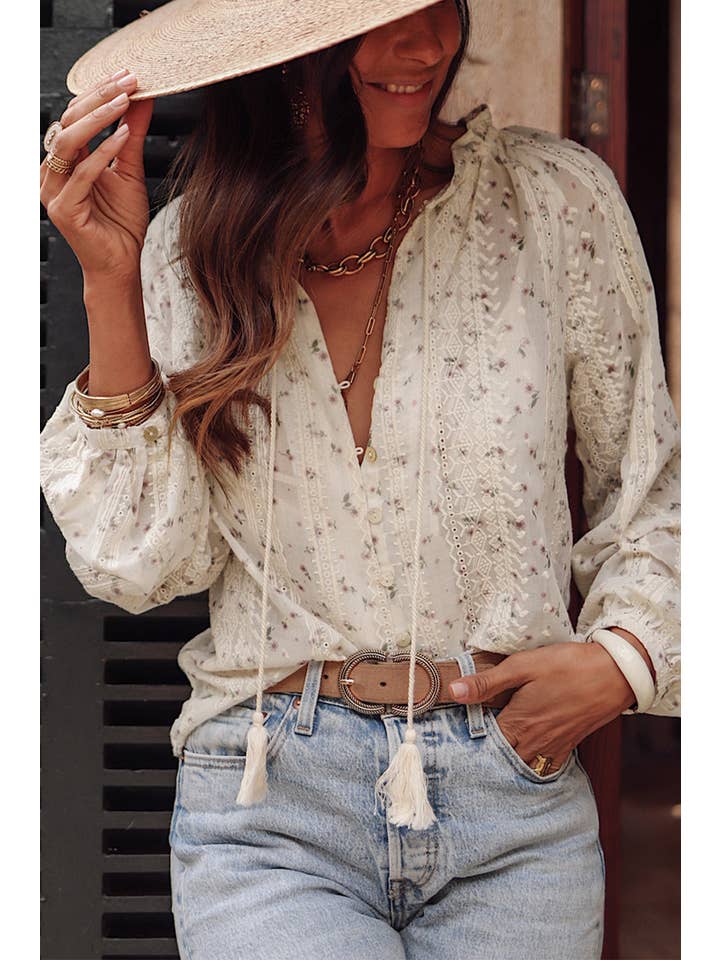 Red Floral Embroidered Lace Bubble Sleeve Shirt for wholesale on Faire